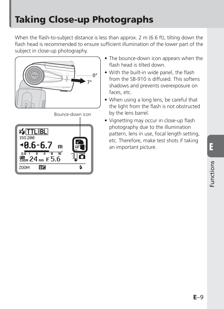 Taking close-up photographs, E –9 | Nikon SB-910 User Manual | Page 91 / 136