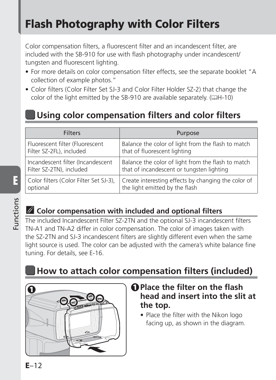 Flash photography with color filters, Using color compensation filters and color filters, E –12 | Nikon SB-910 User Manual | Page 94 / 136