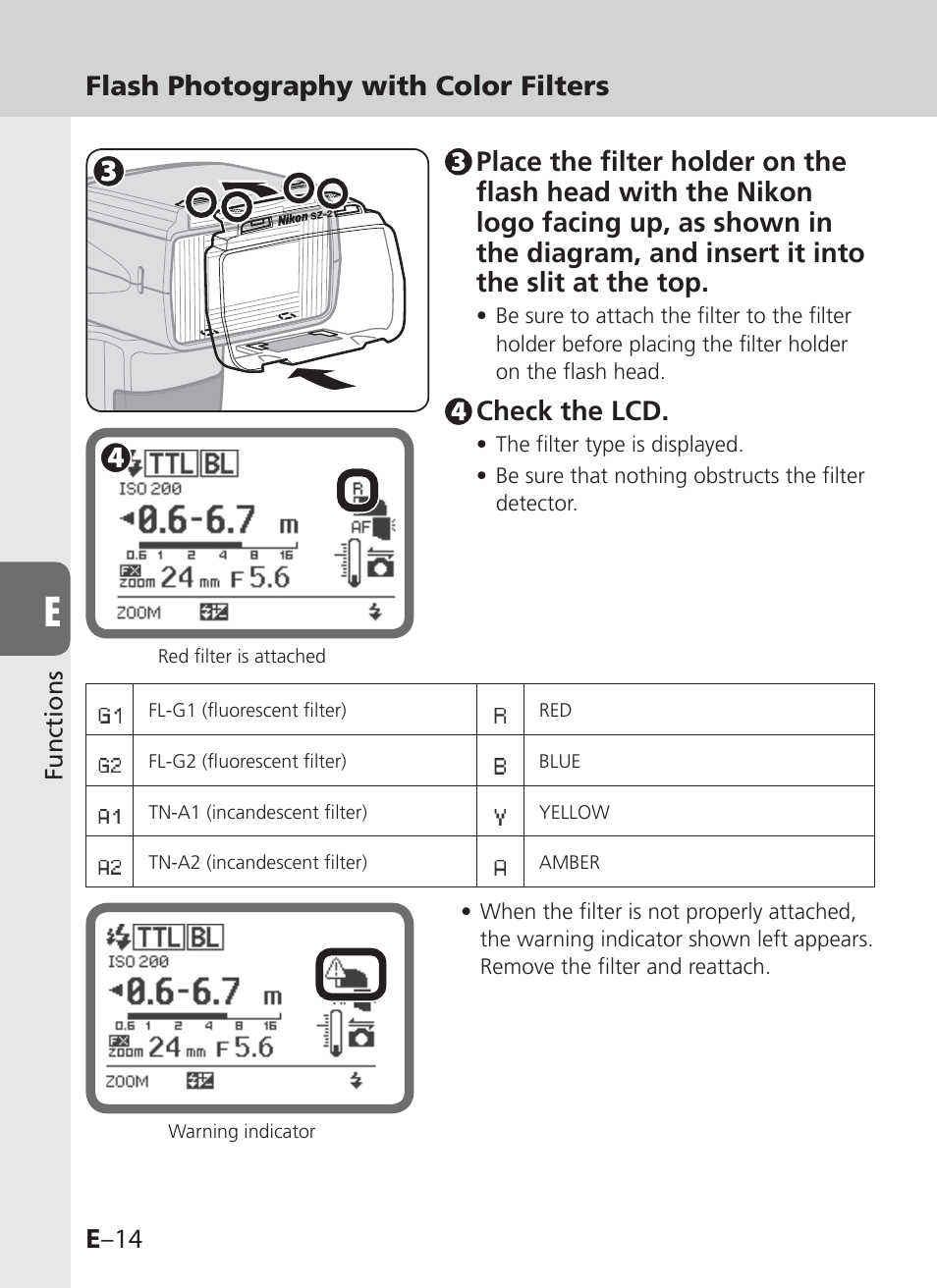 E –14, Check the lcd | Nikon SB-910 User Manual | Page 96 / 136