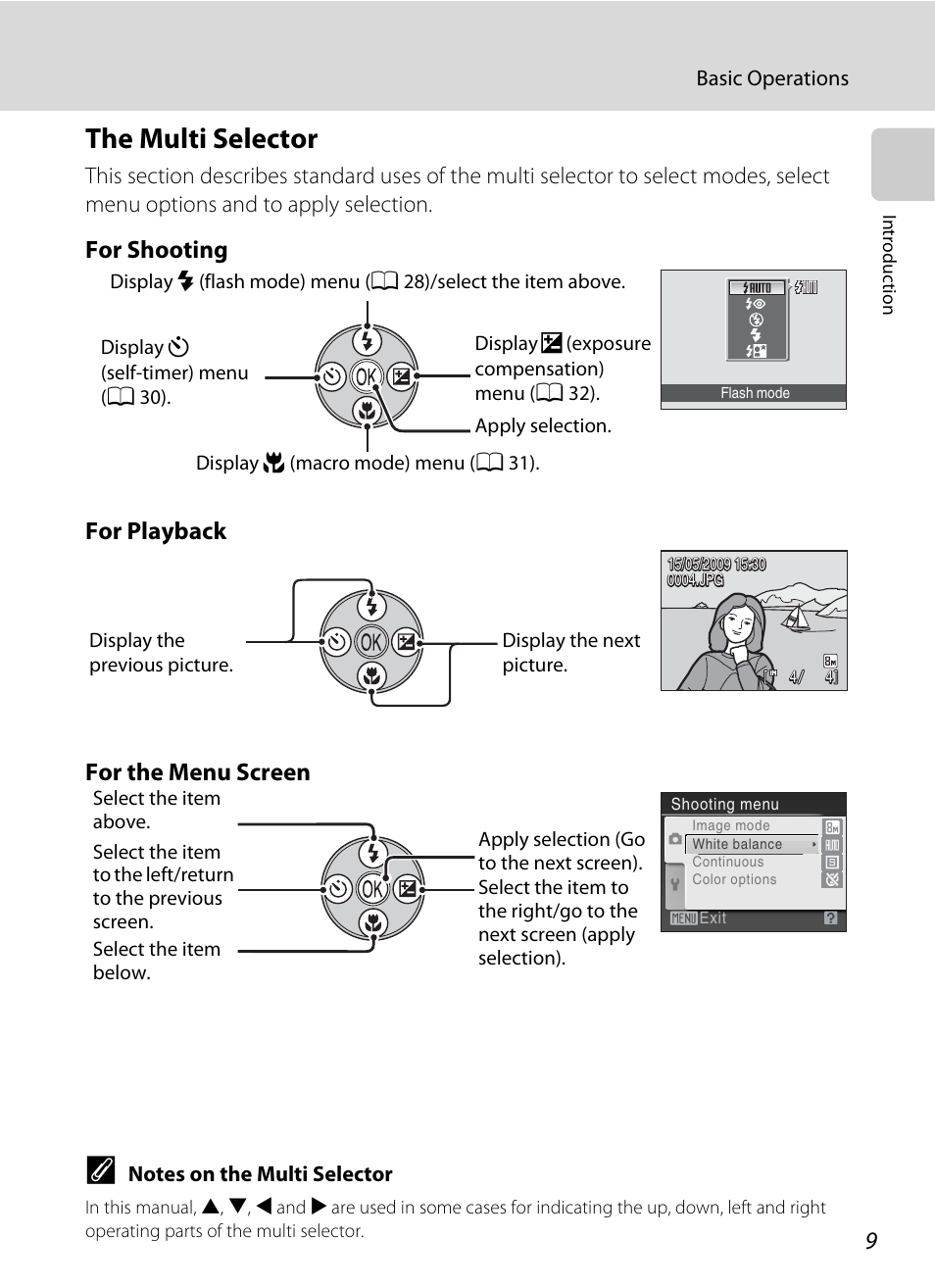 The multi selector, For shooting for playback for the menu screen | Nikon L19 - L20 User Manual | Page 21 / 140