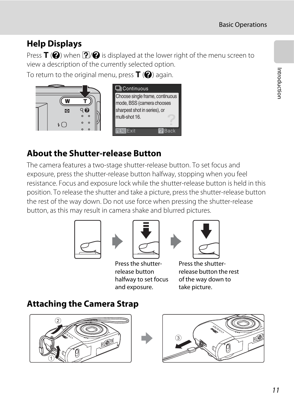 Help displays, About the shutter-release button, Attaching the camera strap | Nikon L19 - L20 User Manual | Page 23 / 140