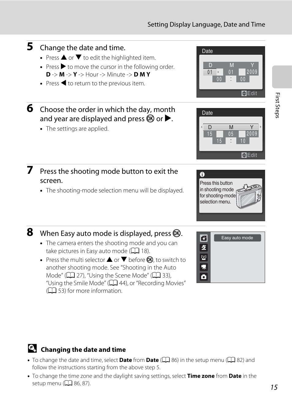 Change the date and time, Press the shooting mode button to exit the screen, When easy auto mode is displayed, press k | Nikon L19 - L20 User Manual | Page 27 / 140