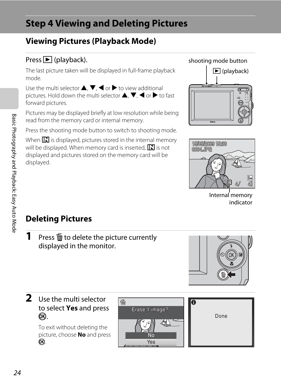 Step 4 viewing and deleting pictures, Viewing pictures (playback mode), Deleting pictures | Viewing pictures (playback mode) deleting pictures | Nikon L19 - L20 User Manual | Page 36 / 140