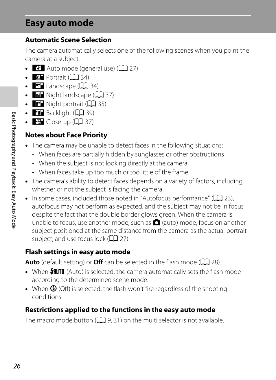 Easy auto mode, E “easy auto mode” (a 26), Ee “notes about face priority | A 26) f | Nikon L19 - L20 User Manual | Page 38 / 140