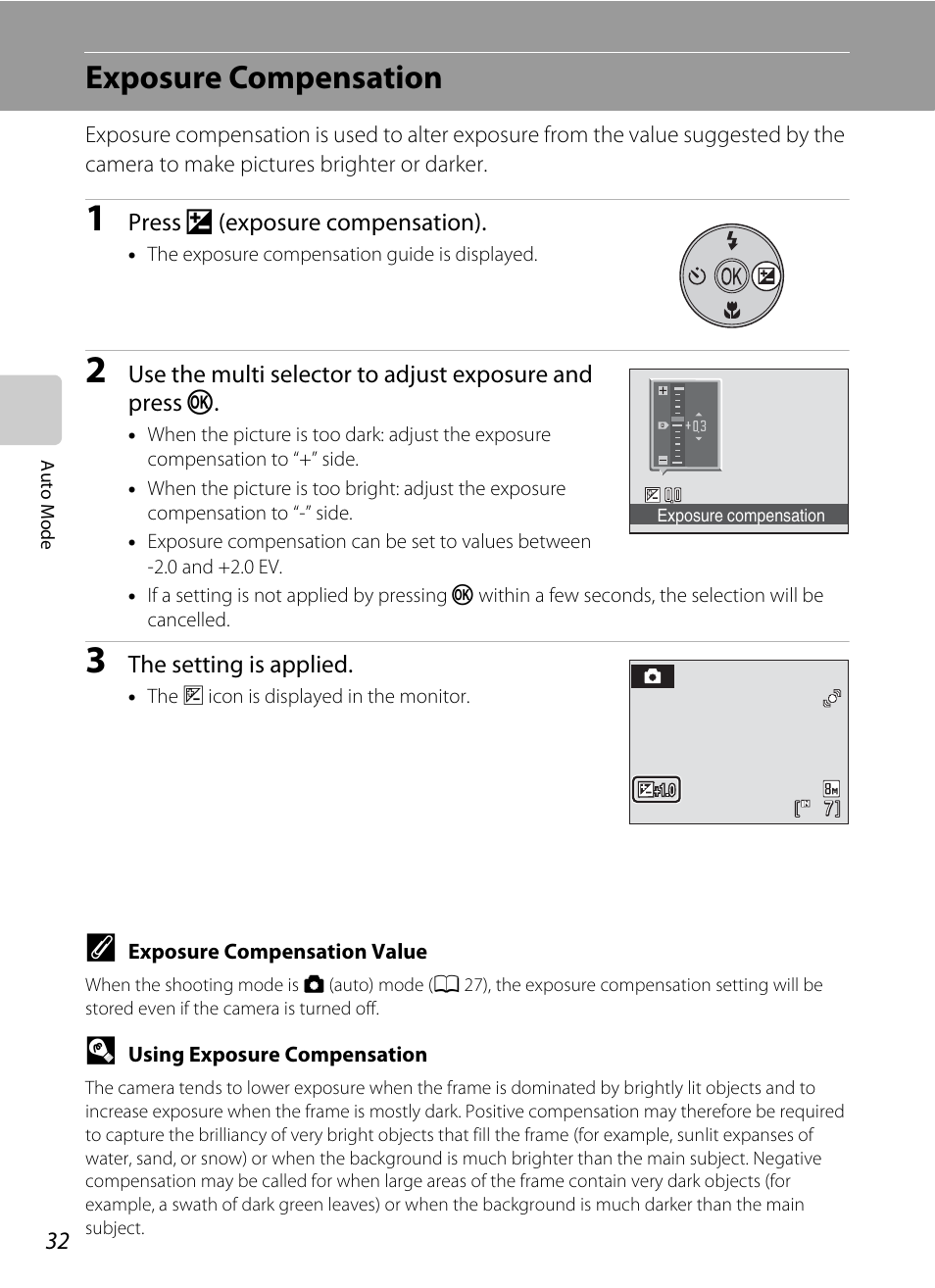 Exposure compensation, Menu, A 32) | A 32) are available, A 32) can | Nikon L19 - L20 User Manual | Page 44 / 140