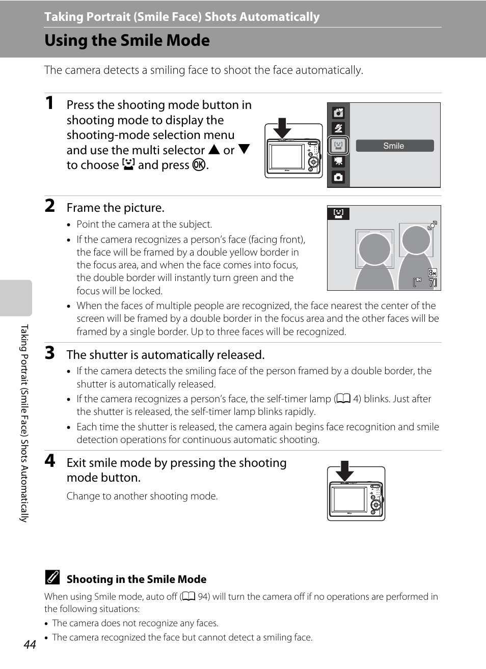 Taking portrait (smile face) shots automatically, Using the smile mode, A taking portrait (smile face) shots automatically | A 44), A 44), or “recording movies | Nikon L19 - L20 User Manual | Page 56 / 140