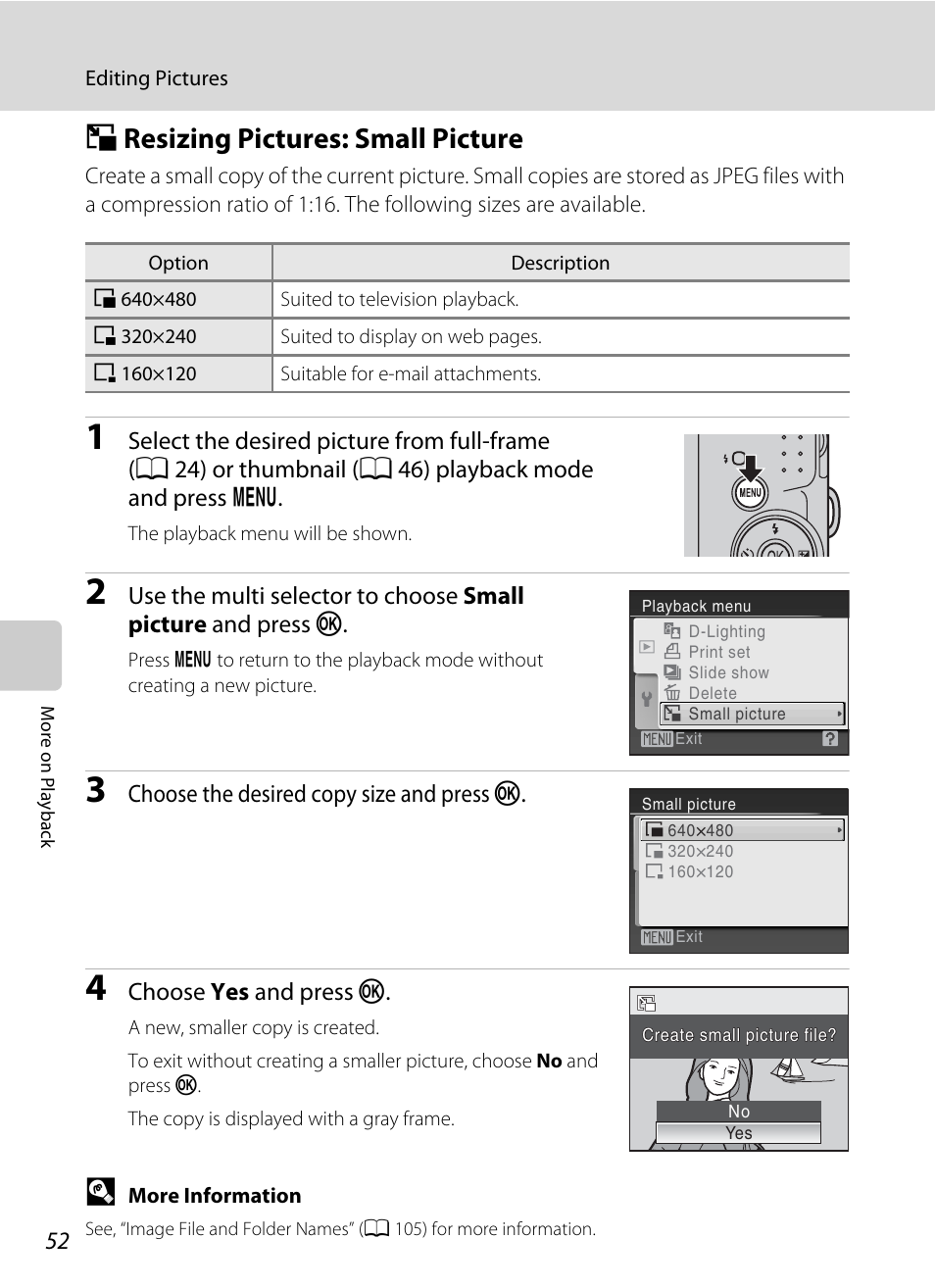 Resizing pictures: small picture, G resizing pictures: small picture, A 52) | Choose the desired copy size and press k, Choose yes and press k | Nikon L19 - L20 User Manual | Page 64 / 140