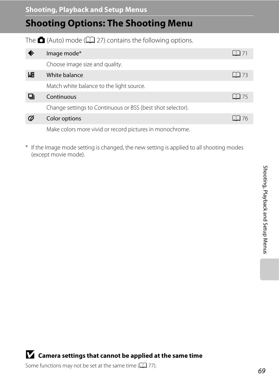 Shooting, playback and setup menus, Shooting options: the shooting menu, D shooting, playback and setup menus | A 69) | Nikon L19 - L20 User Manual | Page 81 / 140