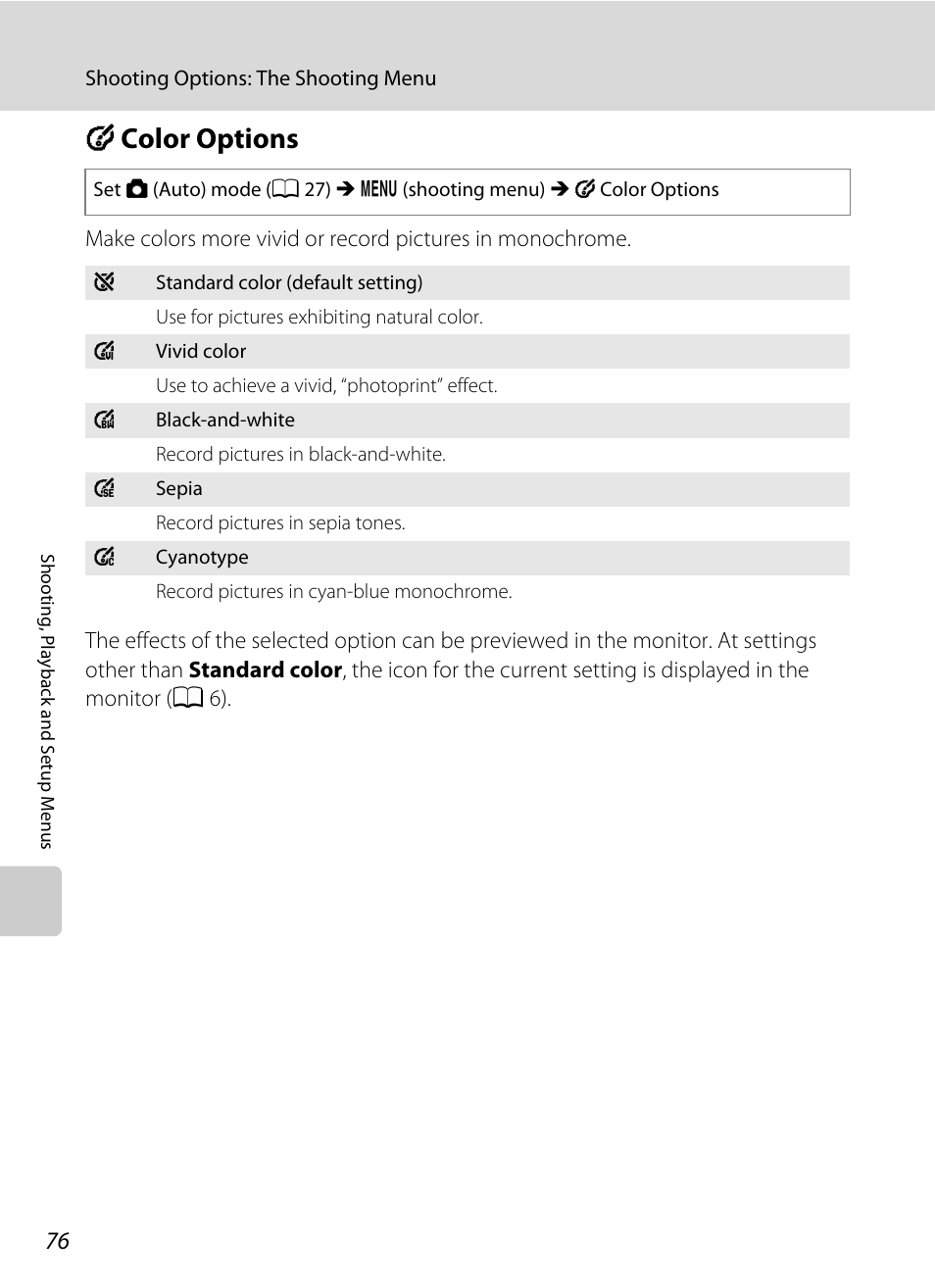 Color options, F color options, A 76 | Nikon L19 - L20 User Manual | Page 88 / 140