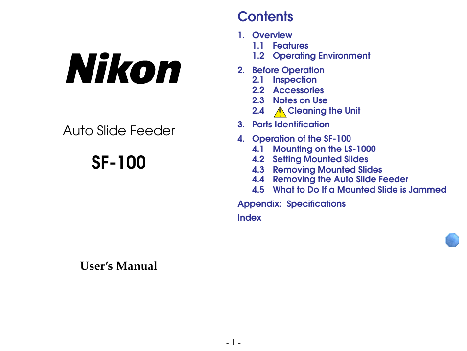 Nikon SF-100 Slide Feeder Adapter LS-1000 User Manual | 19 pages