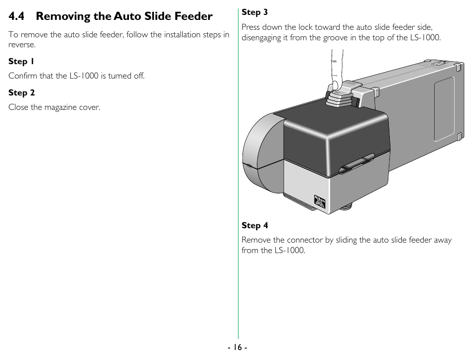 4 removing the auto slide feeder, Removing the auto slide feeder | Nikon SF-100 Slide Feeder Adapter LS-1000 User Manual | Page 16 / 19