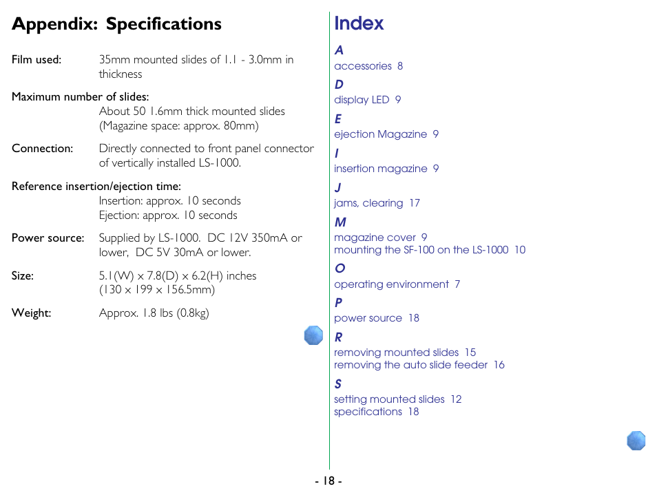 Appendix: specifications, Index | Nikon SF-100 Slide Feeder Adapter LS-1000 User Manual | Page 18 / 19