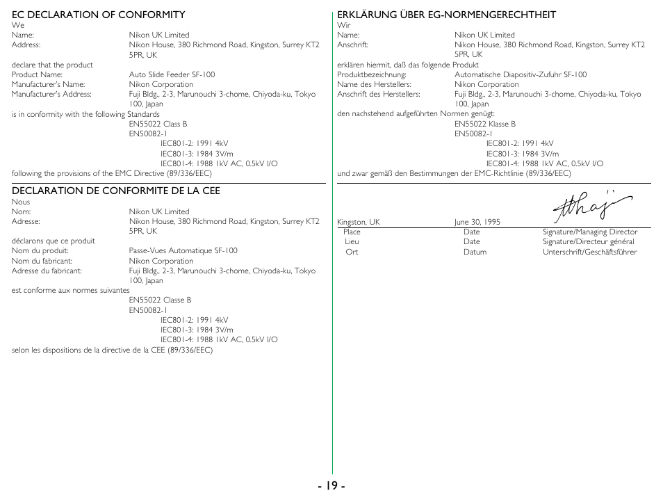Nikon SF-100 Slide Feeder Adapter LS-1000 User Manual | Page 19 / 19