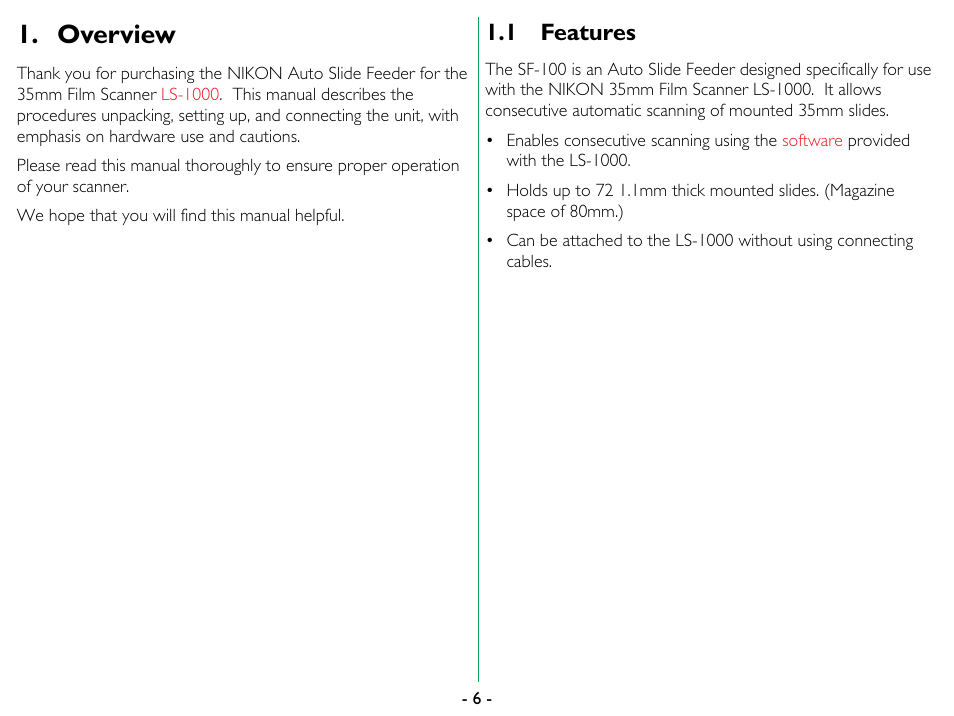 Overview, 1 features, Features | Nikon SF-100 Slide Feeder Adapter LS-1000 User Manual | Page 6 / 19