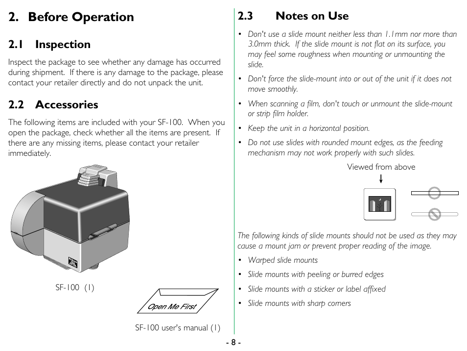 Before operation, 1 inspection, 2 accessories | 3 notes on use, Inspection, Accessories, Notes on use | Nikon SF-100 Slide Feeder Adapter LS-1000 User Manual | Page 8 / 19