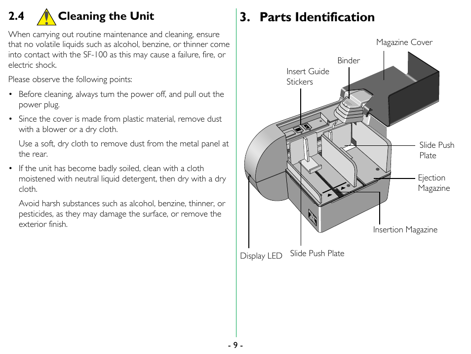 4 cleaning the unit, Parts identification, Cleaning the unit | Nikon SF-100 Slide Feeder Adapter LS-1000 User Manual | Page 9 / 19