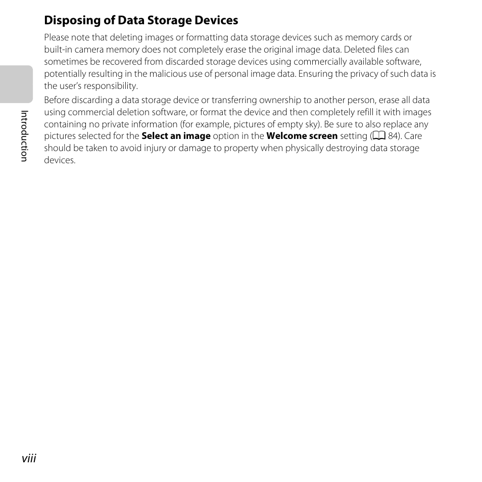 Viii, Disposing of data storage devices | Nikon L320 User Manual | Page 10 / 204