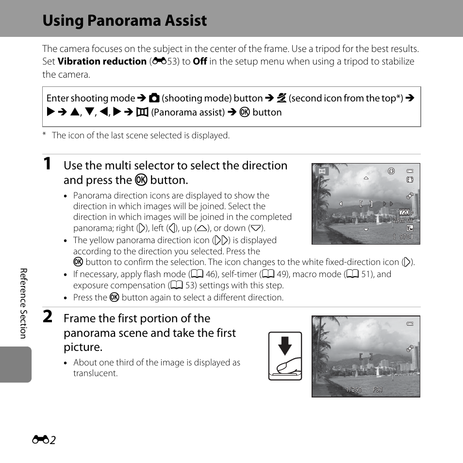 Using panorama assist, Button | Nikon L320 User Manual | Page 108 / 204