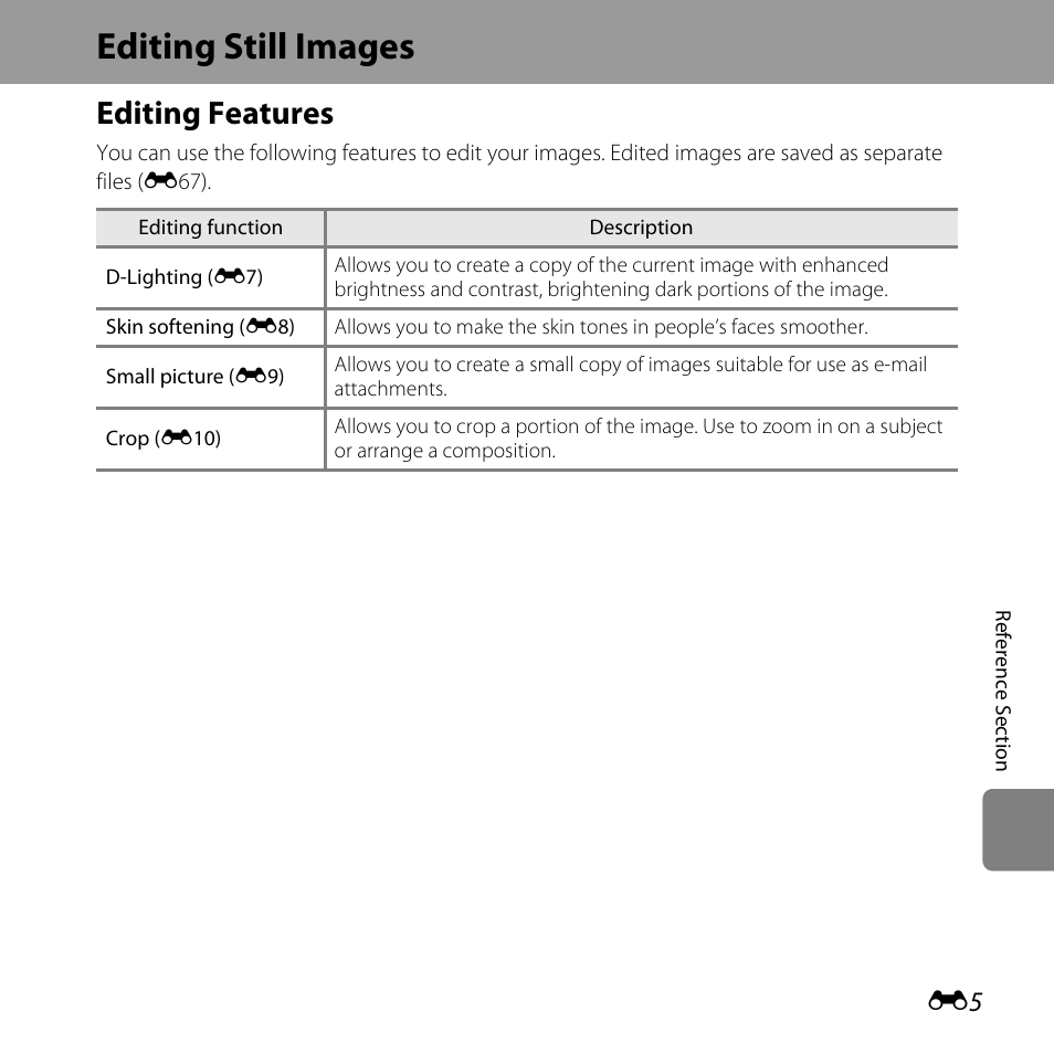 Editing still images, Editing features | Nikon L320 User Manual | Page 111 / 204