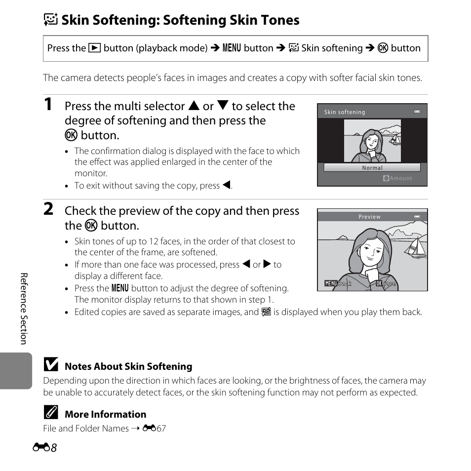 Skin softening: softening skin tones, E skin softening: softening skin tones | Nikon L320 User Manual | Page 114 / 204