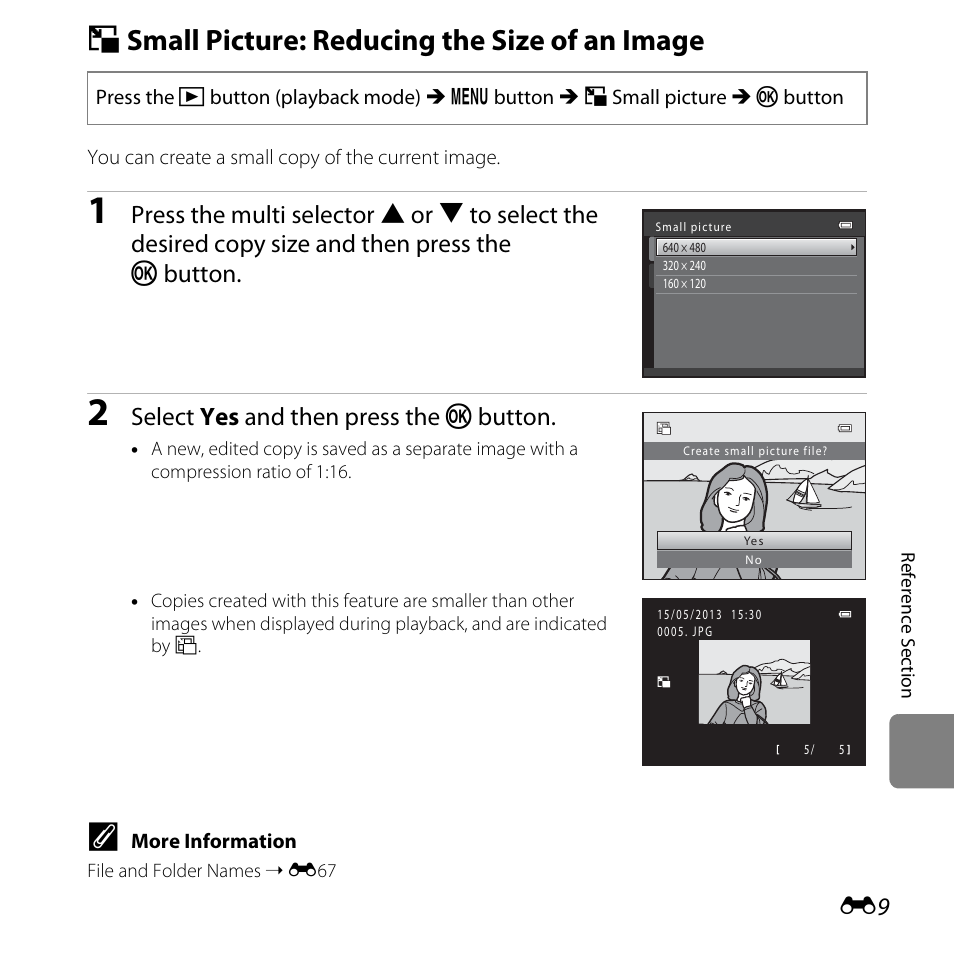 Small picture: reducing the size of an image, G small picture: reducing the size of an image, Select yes and then press the k button | Nikon L320 User Manual | Page 115 / 204