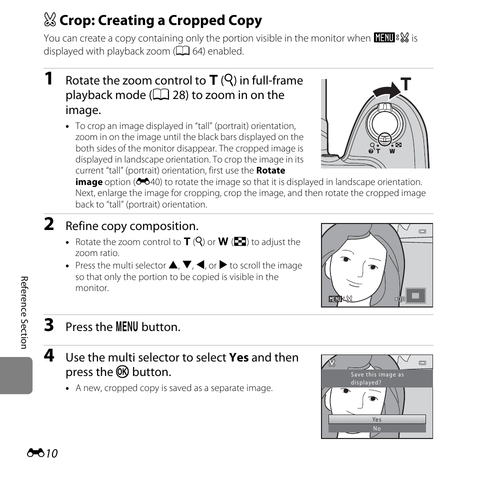 Crop: creating a cropped copy, A crop: creating a cropped copy, E10) | Nikon L320 User Manual | Page 116 / 204