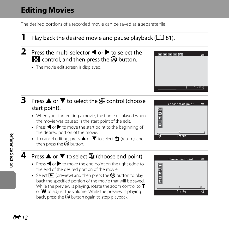Editing movies, Press h or i to select n (choose end point) | Nikon L320 User Manual | Page 118 / 204