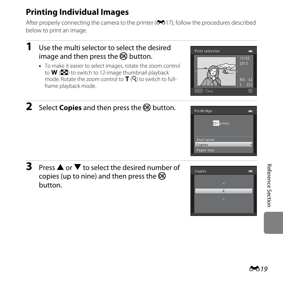 Printing individual images, E19), Select copies and then press the k button | Nikon L320 User Manual | Page 125 / 204