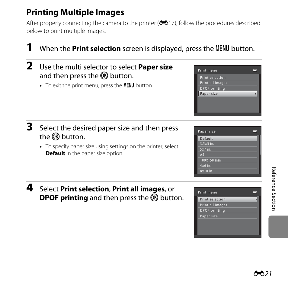 Printing multiple images, E21) | Nikon L320 User Manual | Page 127 / 204