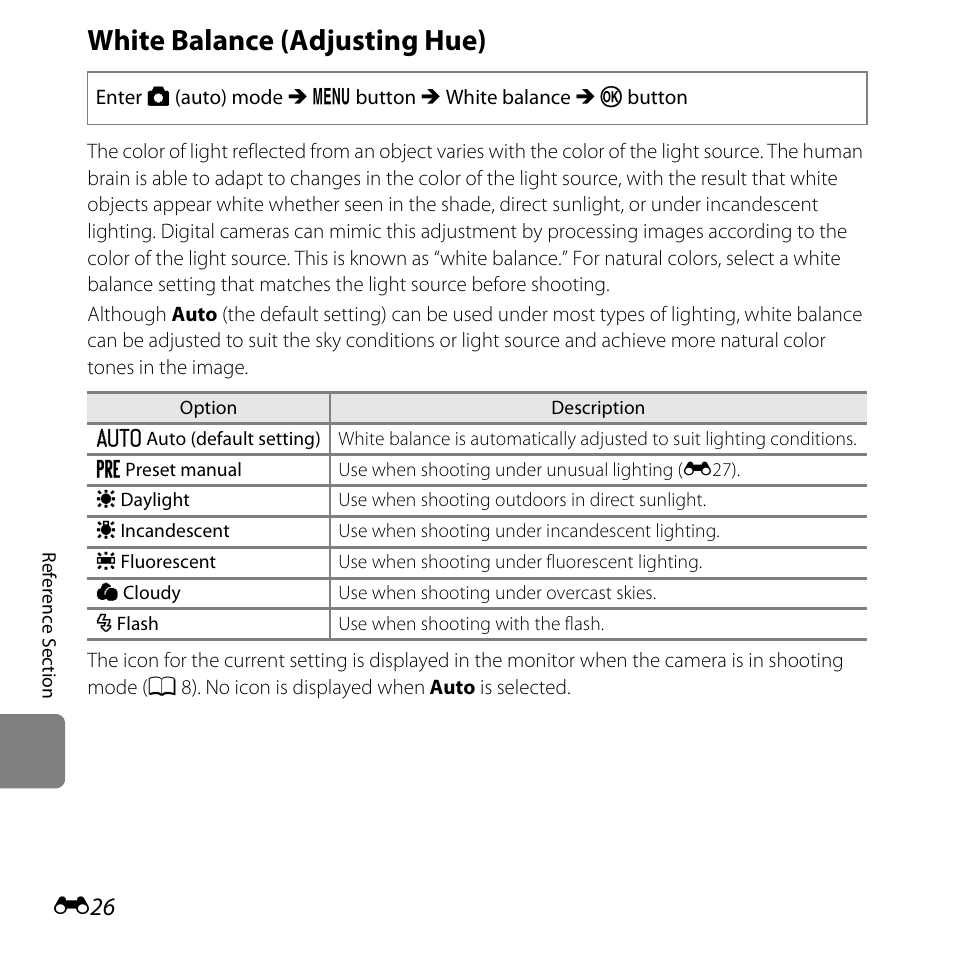 White balance (adjusting hue) | Nikon L320 User Manual | Page 132 / 204