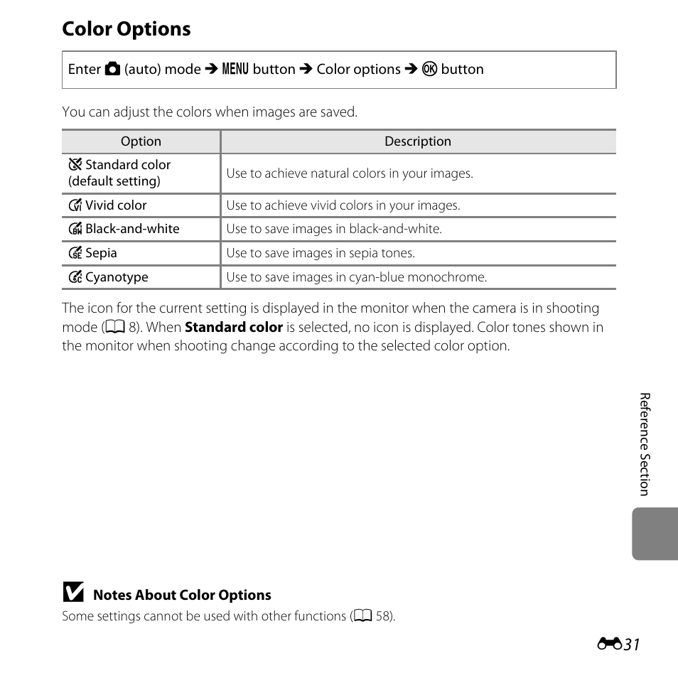 Color options | Nikon L320 User Manual | Page 137 / 204