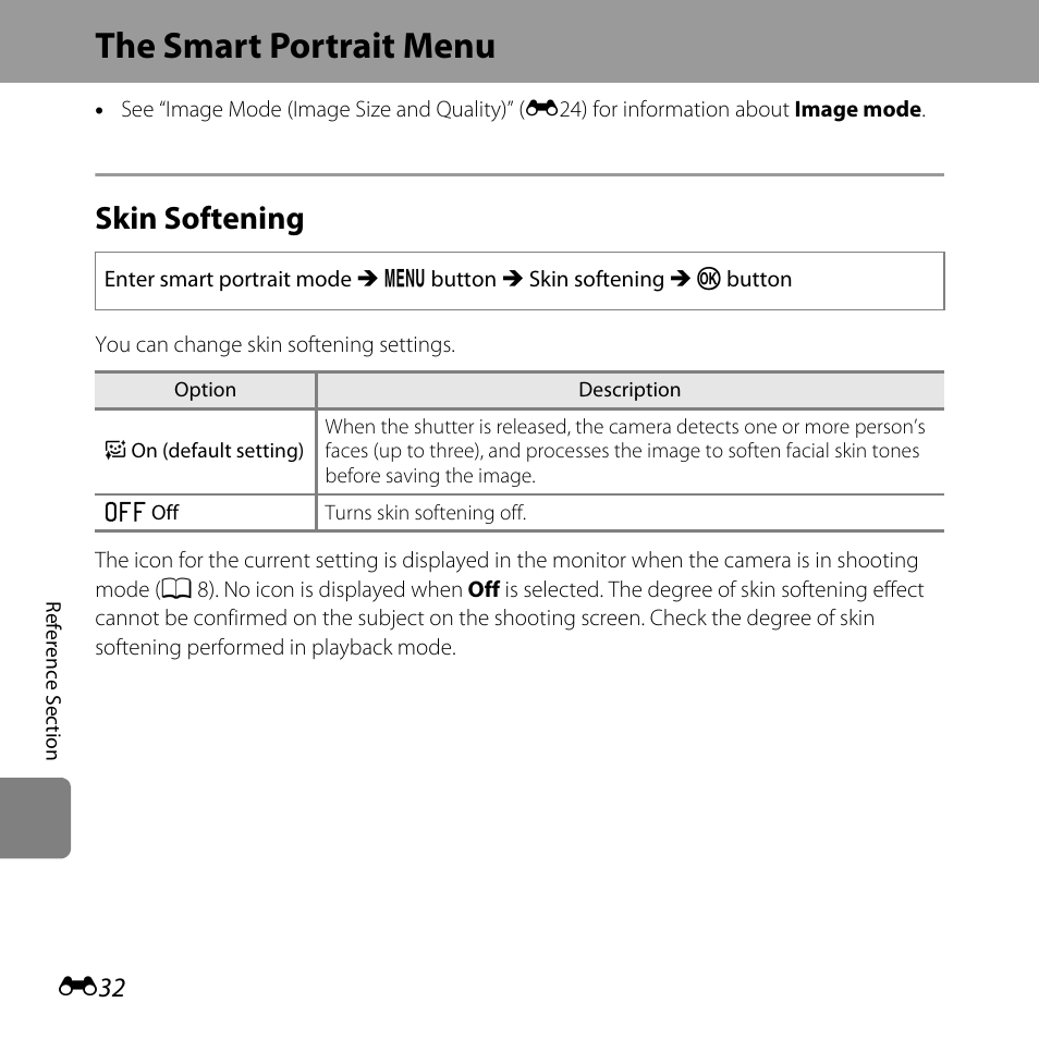 The smart portrait menu, Skin softening, E32) | Nikon L320 User Manual | Page 138 / 204