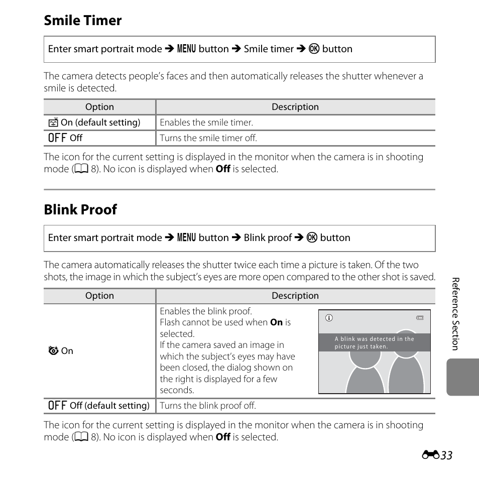 Smile timer, Blink proof, E33) | E33) to | Nikon L320 User Manual | Page 139 / 204