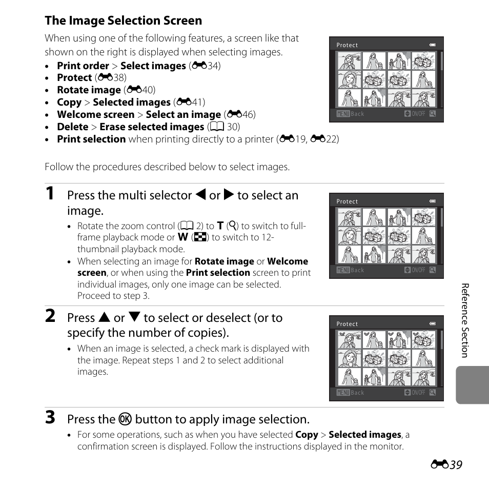 The image selection screen” (e39), The image selection screen, Press the multi selector j or k to select an image | Press the k button to apply image selection | Nikon L320 User Manual | Page 145 / 204