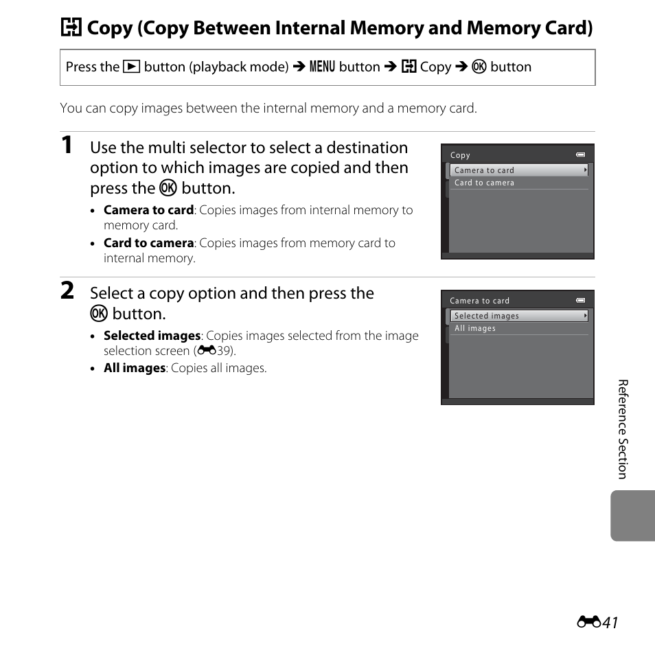 E41), Select a copy option and then press the k button | Nikon L320 User Manual | Page 147 / 204