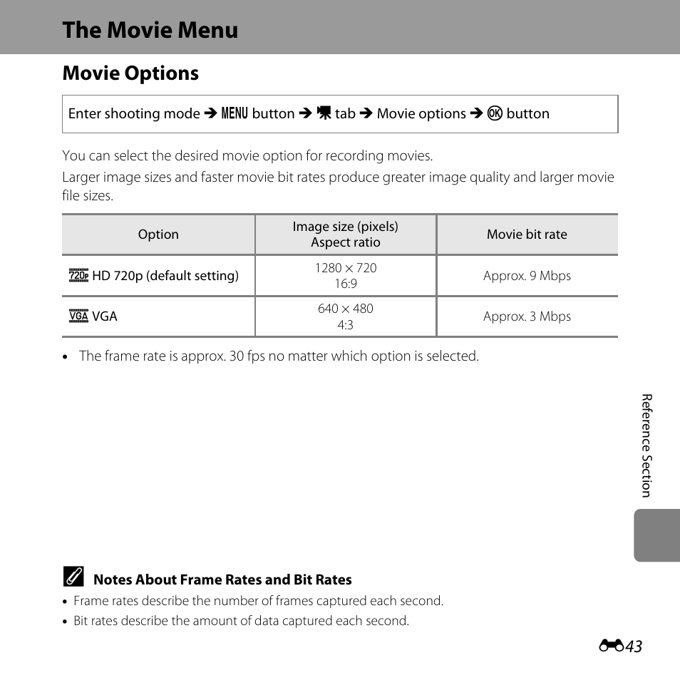 The movie menu, Movie options | Nikon L320 User Manual | Page 149 / 204