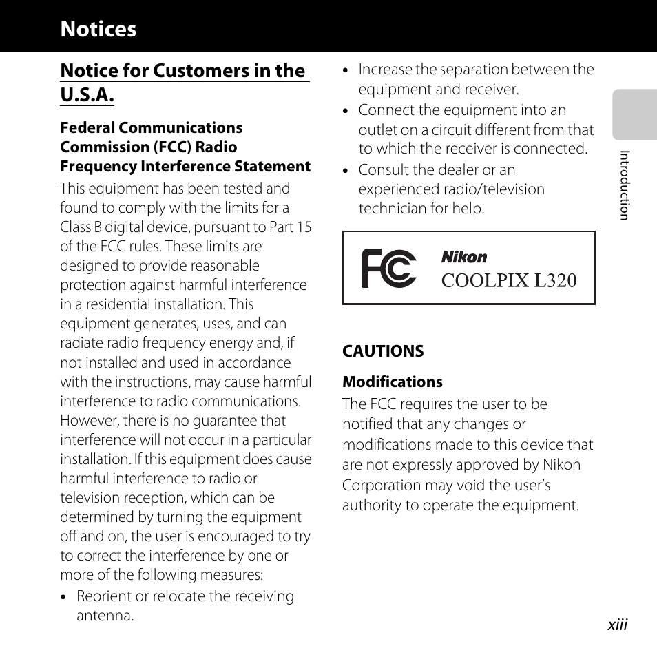 Notices, Notice for customers in the u.s.a | Nikon L320 User Manual | Page 15 / 204