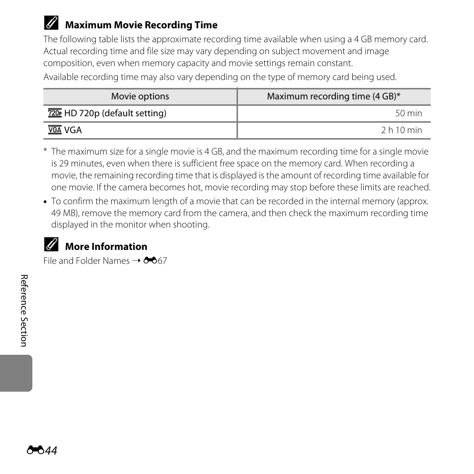 Maximum movie recording time | Nikon L320 User Manual | Page 150 / 204