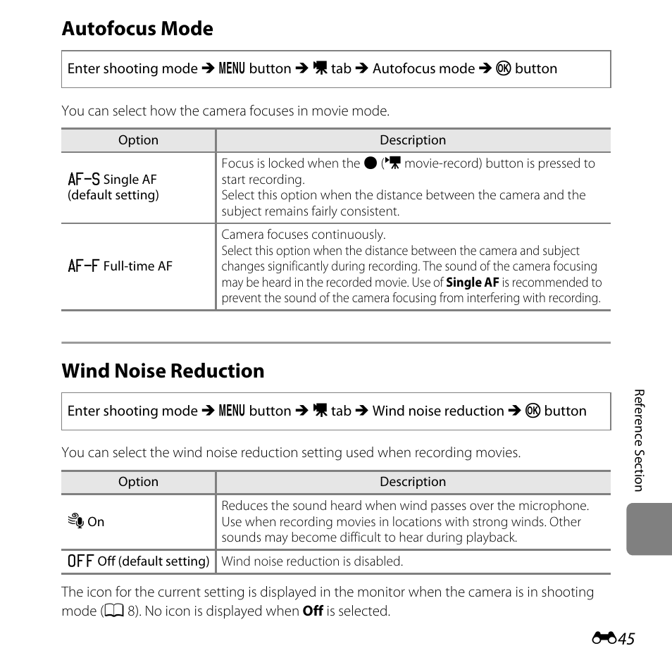 Autofocus mode, Wind noise reduction, E45) | Nikon L320 User Manual | Page 151 / 204