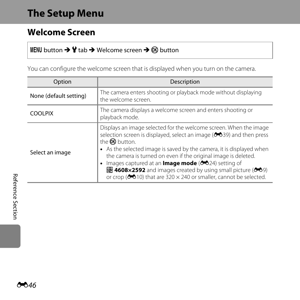 The setup menu, Welcome screen, E46) | Nikon L320 User Manual | Page 152 / 204