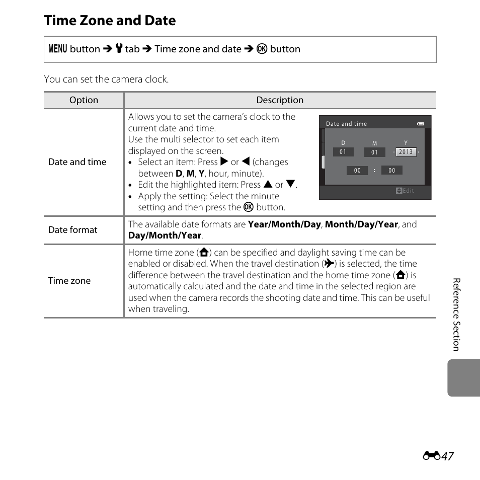 Time zone and date, E47) | Nikon L320 User Manual | Page 153 / 204