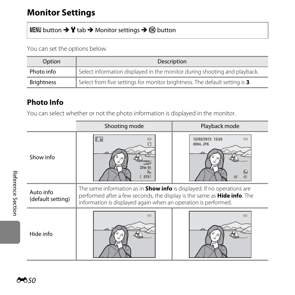 Monitor settings, E50), Photo info | Nikon L320 User Manual | Page 156 / 204