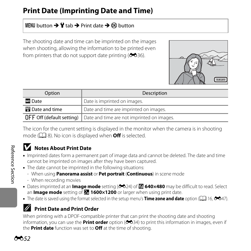 Print date (imprinting date and time), E52) in, E52) i | Nikon L320 User Manual | Page 158 / 204