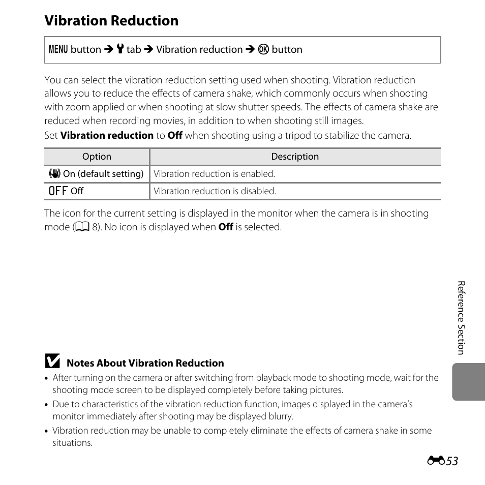 Vibration reduction, E53) to | Nikon L320 User Manual | Page 159 / 204