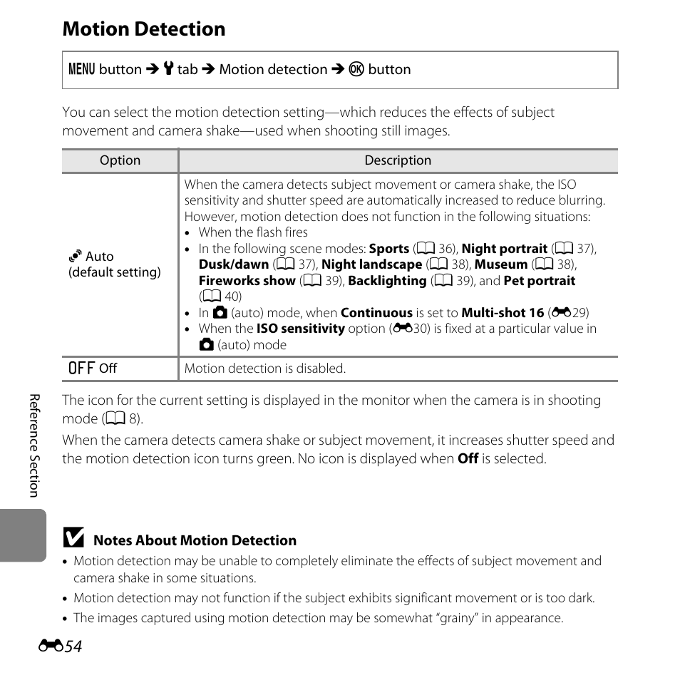 Motion detection, E54) doe | Nikon L320 User Manual | Page 160 / 204