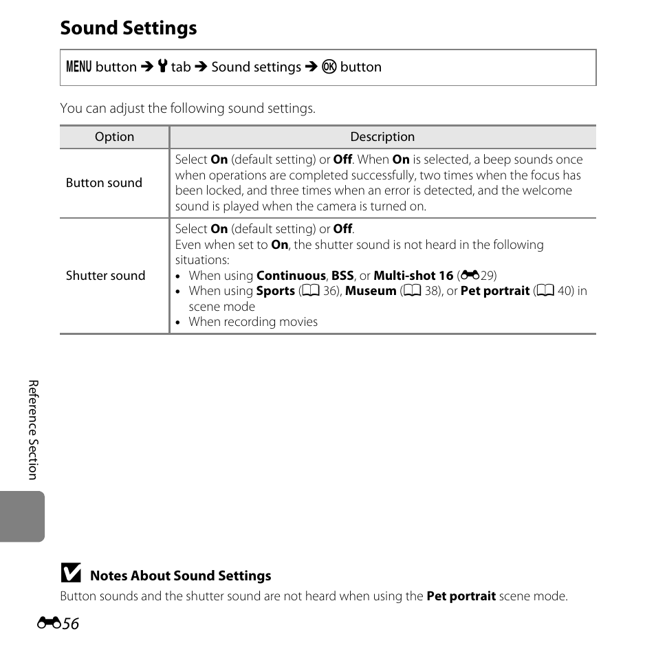 Sound settings | Nikon L320 User Manual | Page 162 / 204