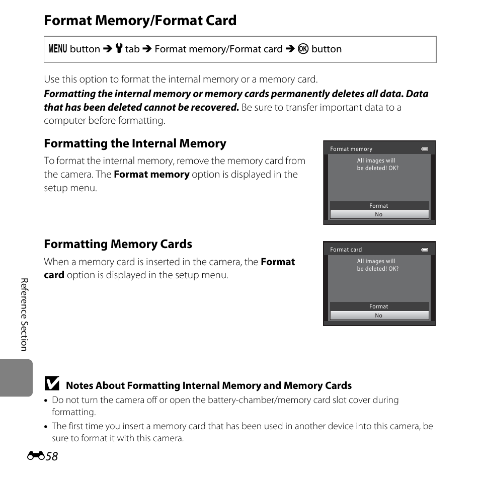 Format memory/format card, E58) in the, E58) | Nikon L320 User Manual | Page 164 / 204