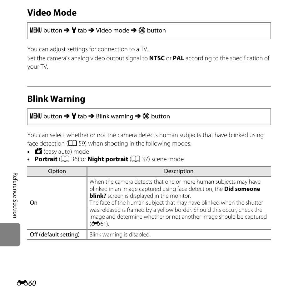 Video mode, Blink warning | Nikon L320 User Manual | Page 166 / 204