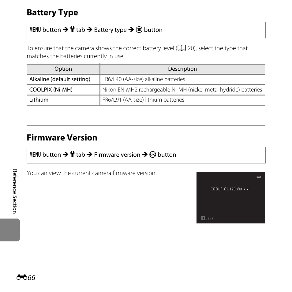 Battery type, Firmware version, E66) | Nikon L320 User Manual | Page 172 / 204