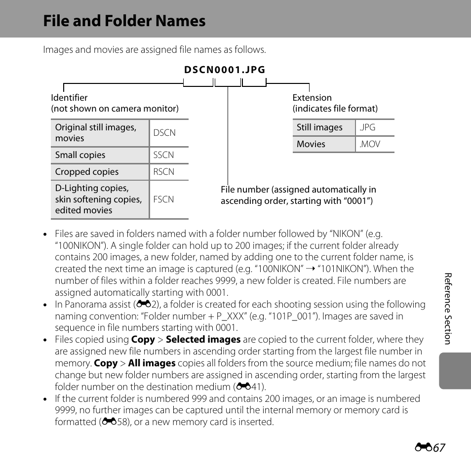 File and folder names, E67), Ering (e67). afte | Nikon L320 User Manual | Page 173 / 204